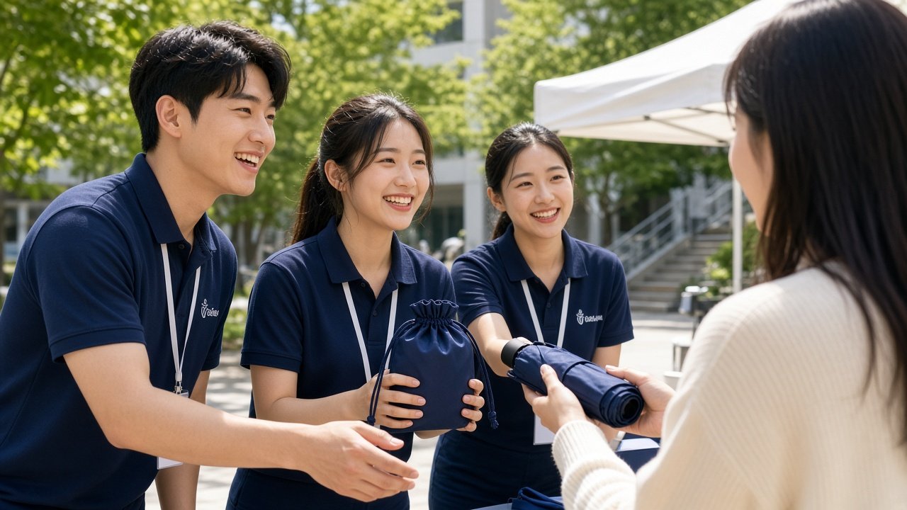 행사 부스에서 우산을 건네는 스태프